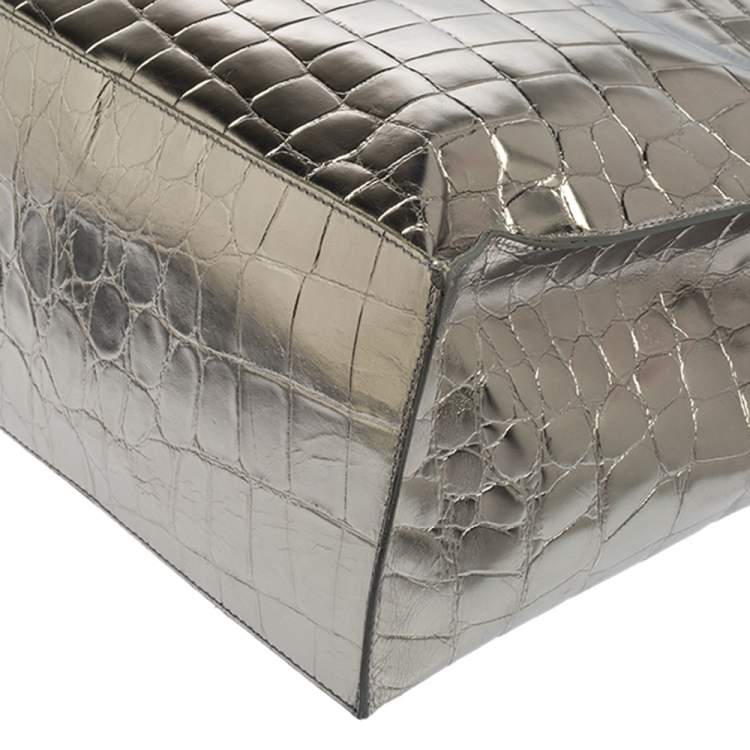 مملوكة مسبقًا Furla Metallic Silver Croc Embossed Leather Devide It Tote