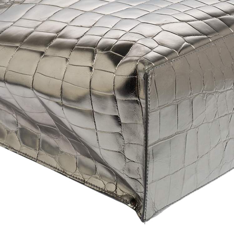 مملوكة مسبقًا Furla Metallic Silver Croc Embossed Leather Devide It Tote
