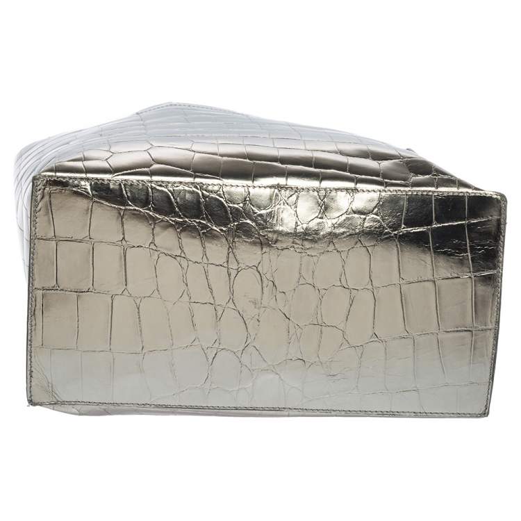 مملوكة مسبقًا Furla Metallic Silver Croc Embossed Leather Devide It Tote