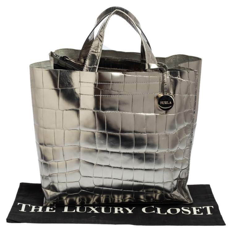 مملوكة مسبقًا Furla Metallic Silver Croc Embossed Leather Devide It Tote
