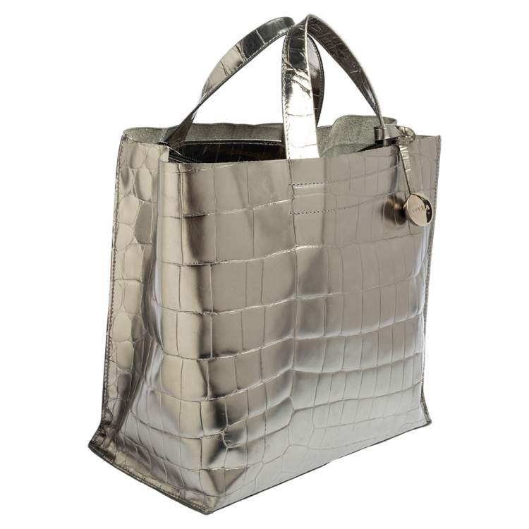 مملوكة مسبقًا Furla Metallic Silver Croc Embossed Leather Devide It Tote