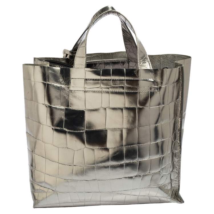 مملوكة مسبقًا Furla Metallic Silver Croc Embossed Leather Devide It Tote