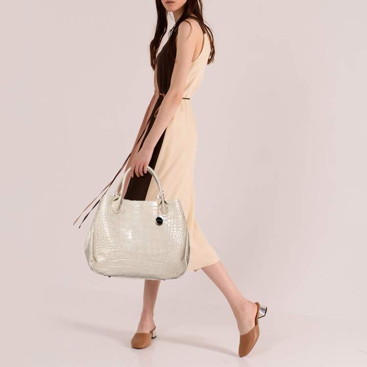 Pre Owned Furla Beige Croc Embossed Leather Tote