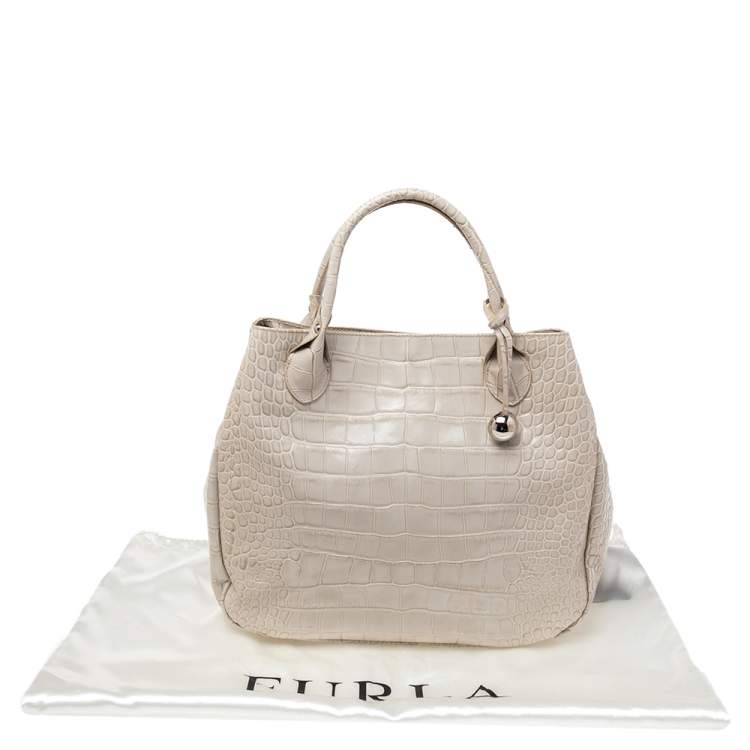 Pre Owned Furla Beige Croc Embossed Leather Tote
