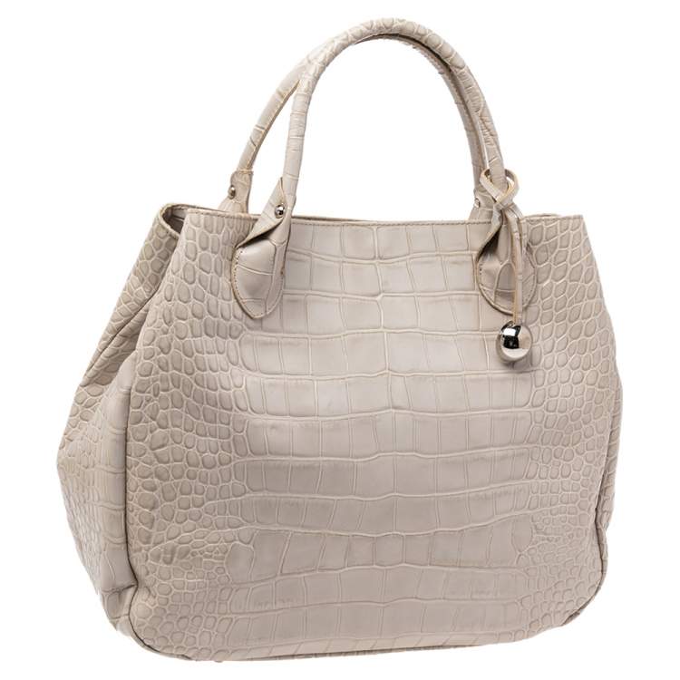 Pre Owned Furla Beige Croc Embossed Leather Tote