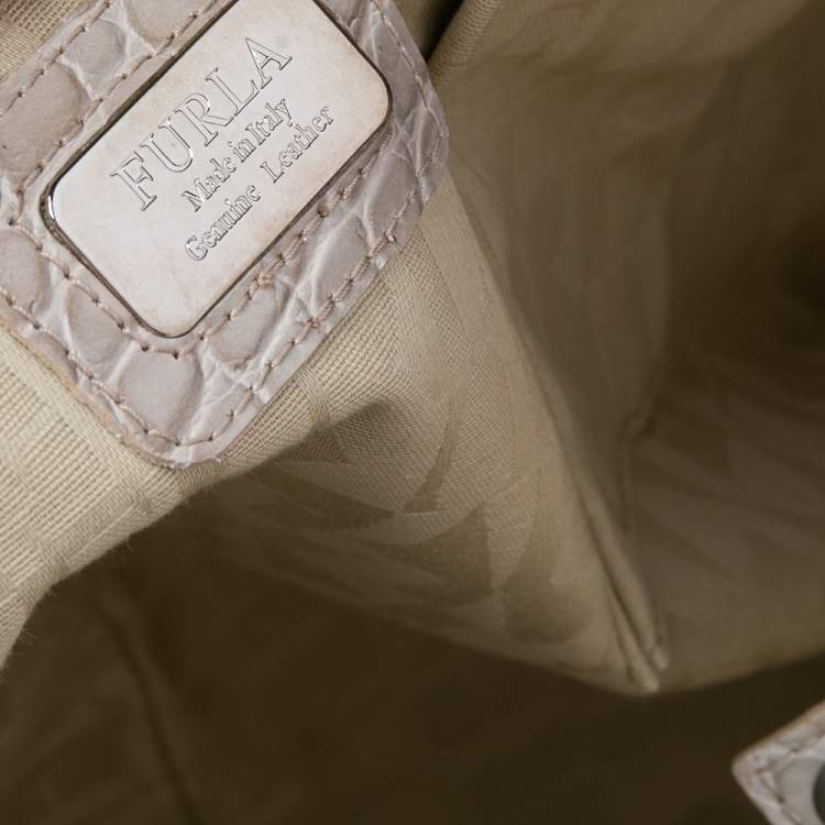 Pre Owned Furla Beige Croc Embossed Leather Tote