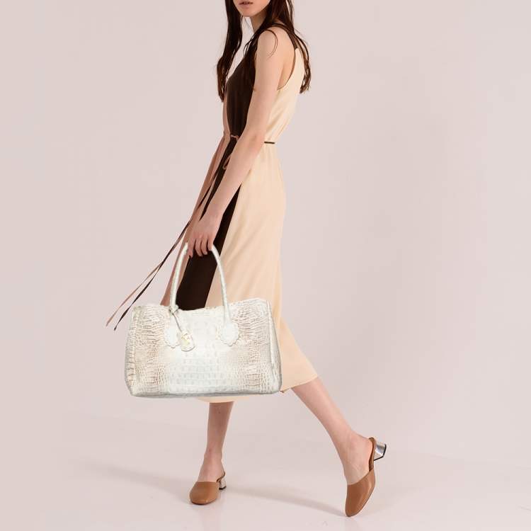 Pre Owned Furla White/Beige Croc Embossed Leather Tote