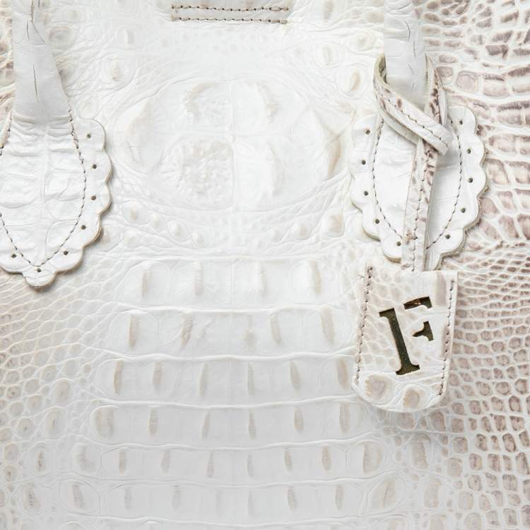 Pre Owned Furla White/Beige Croc Embossed Leather Tote