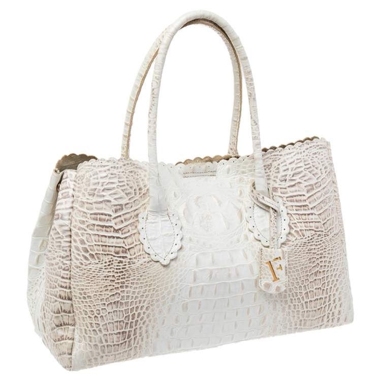 Pre Owned Furla White/Beige Croc Embossed Leather Tote