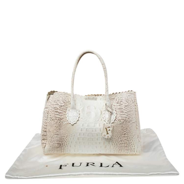 Pre Owned Furla White/Beige Croc Embossed Leather Tote