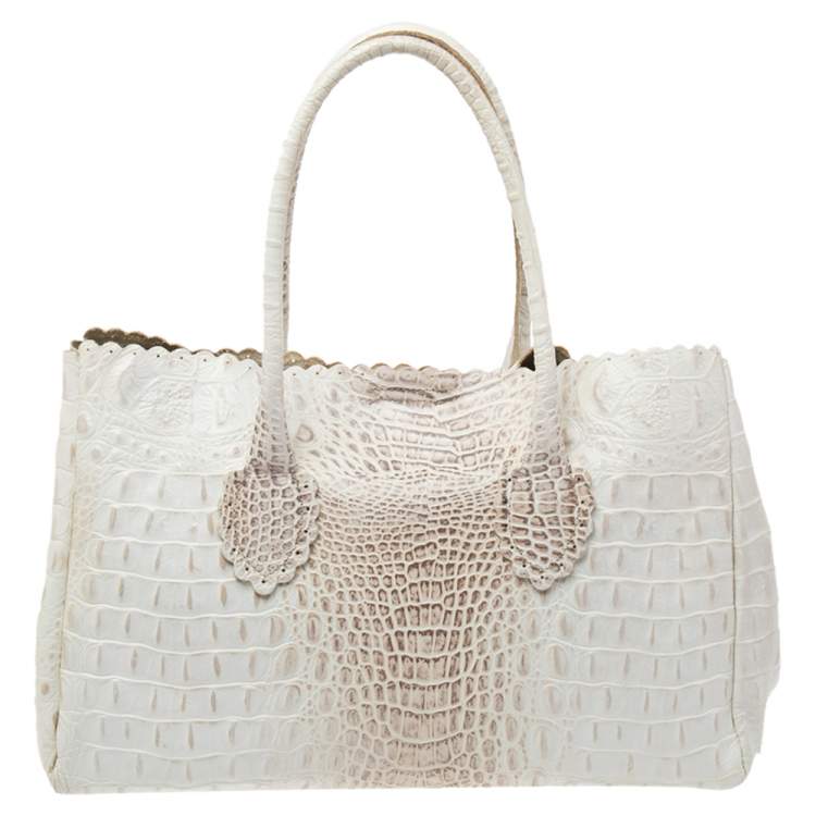 Pre Owned Furla White/Beige Croc Embossed Leather Tote