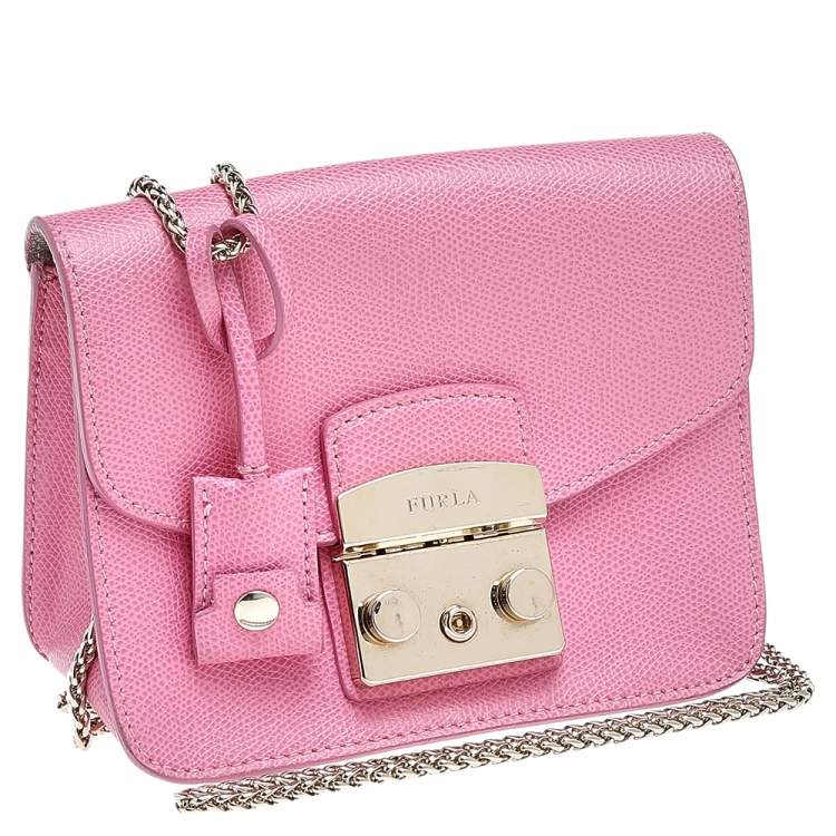 Pre Owned Furla Pink Leather Mini Metropolis Chain Crossbody Bag