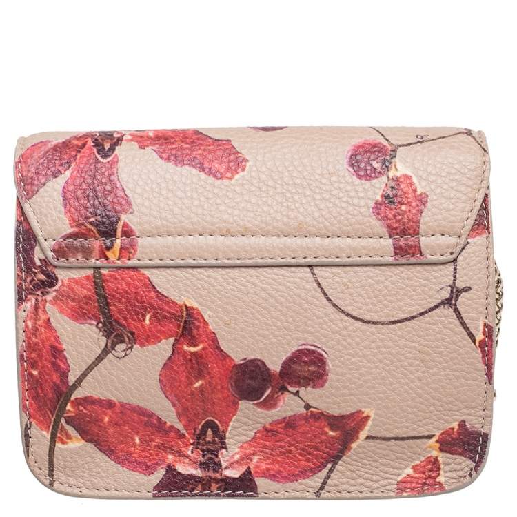 Pre Owned Furla Beige Floral Print Leather Mini Metropolis Chain Crossbody Bag