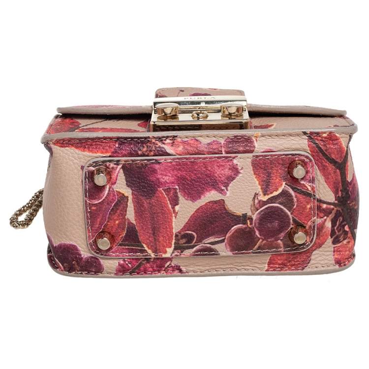 Pre Owned Furla Beige Floral Print Leather Mini Metropolis Chain Crossbody Bag