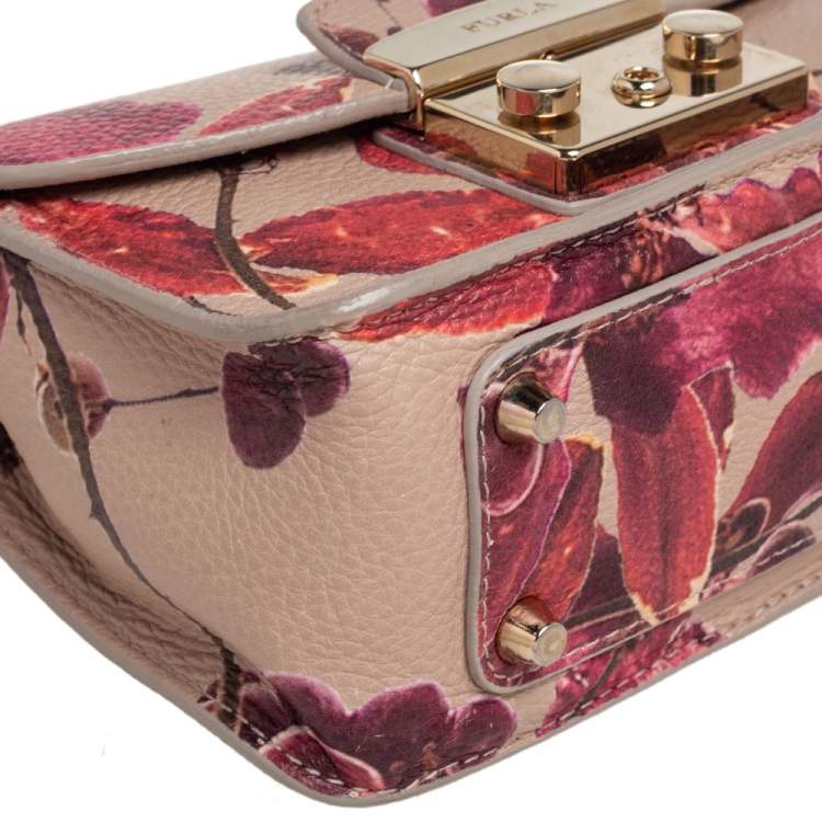 Pre Owned Furla Beige Floral Print Leather Mini Metropolis Chain Crossbody Bag