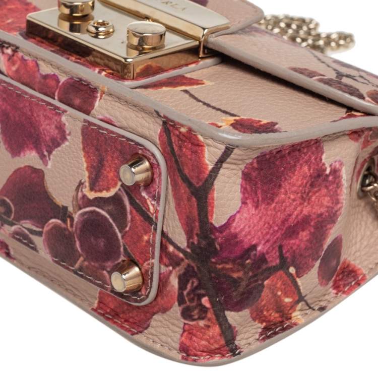 Pre Owned Furla Beige Floral Print Leather Mini Metropolis Chain Crossbody Bag