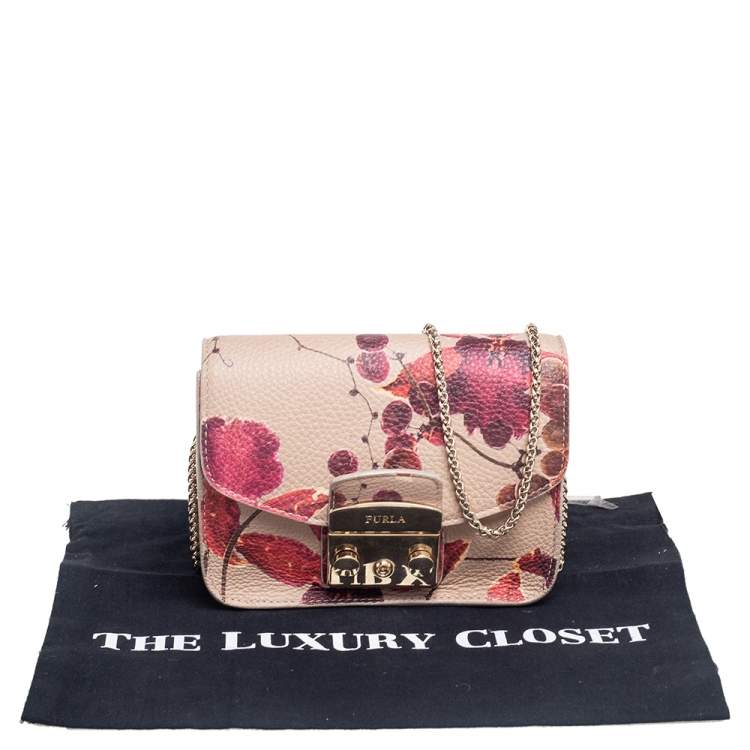Pre Owned Furla Beige Floral Print Leather Mini Metropolis Chain Crossbody Bag
