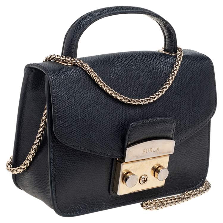 Pre Owned Furla Black Leather Mini Metropolis Top Handle Bag