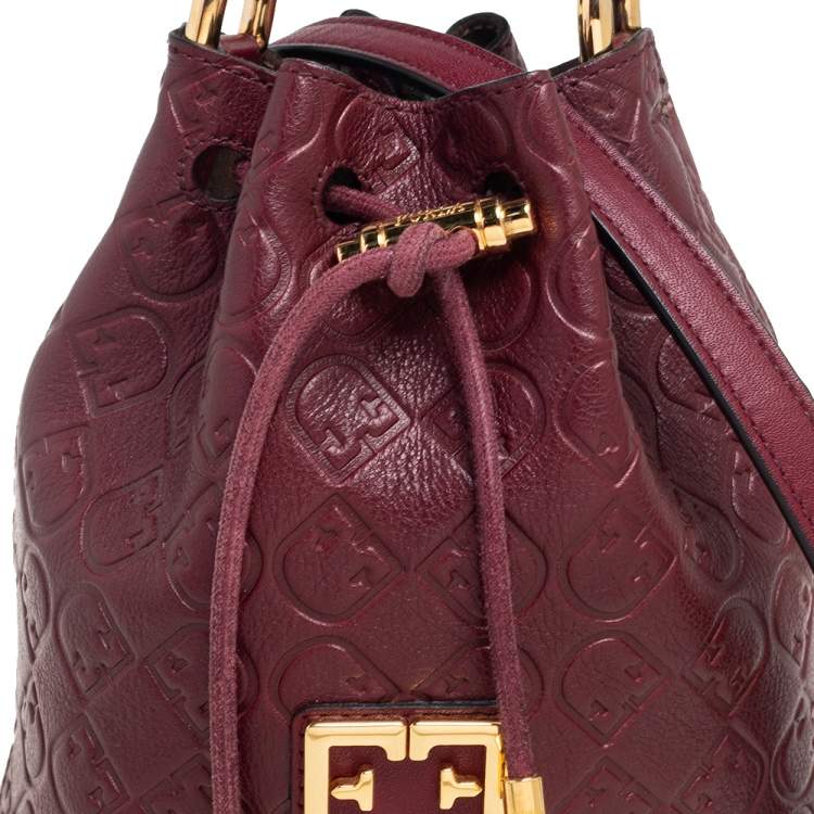 Pre Owned Furla Burgundy Embossed Leather Drawstring Corona Bucket Bag