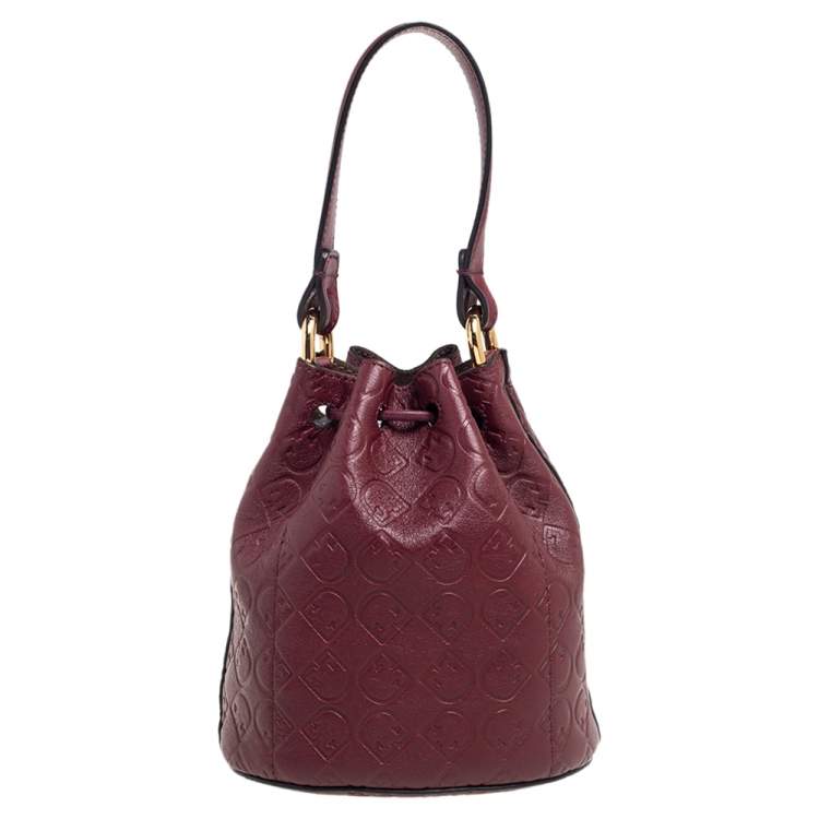 Pre Owned Furla Burgundy Embossed Leather Drawstring Corona Bucket Bag