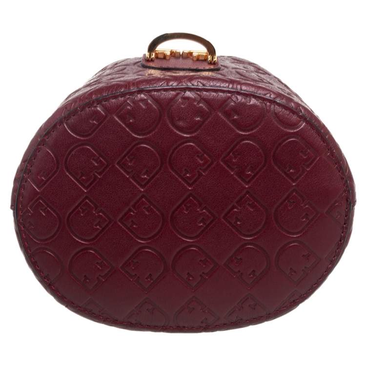 Pre Owned Furla Burgundy Embossed Leather Drawstring Corona Bucket Bag