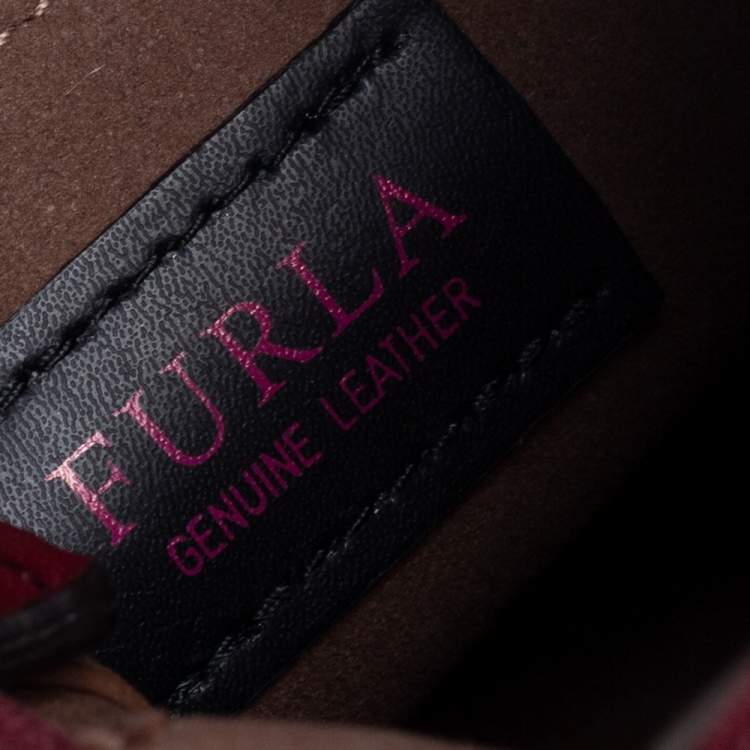 Pre Owned Furla Burgundy Embossed Leather Drawstring Corona Bucket Bag