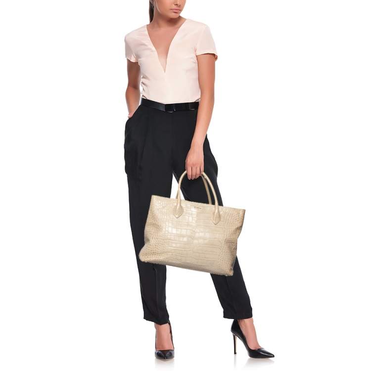 Pre Owned Furla Offwhite Croc Embossed Leather Martha Tote