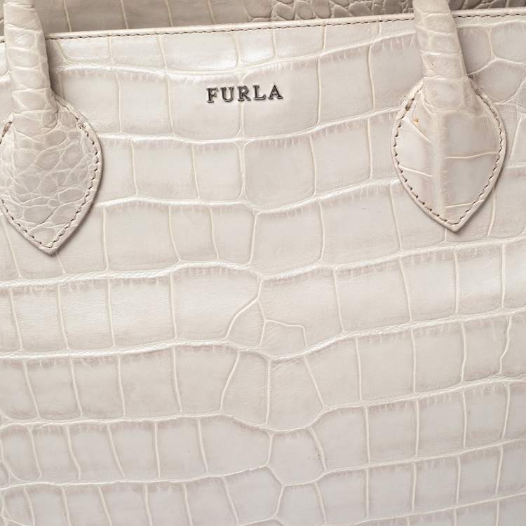 Pre Owned Furla Offwhite Croc Embossed Leather Martha Tote