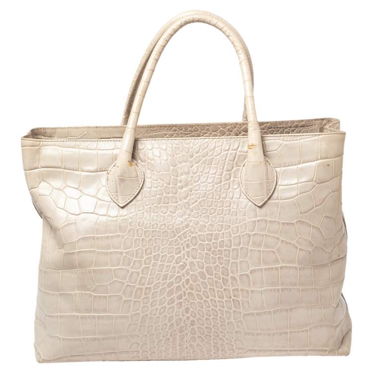 Pre Owned Furla Offwhite Croc Embossed Leather Martha Tote