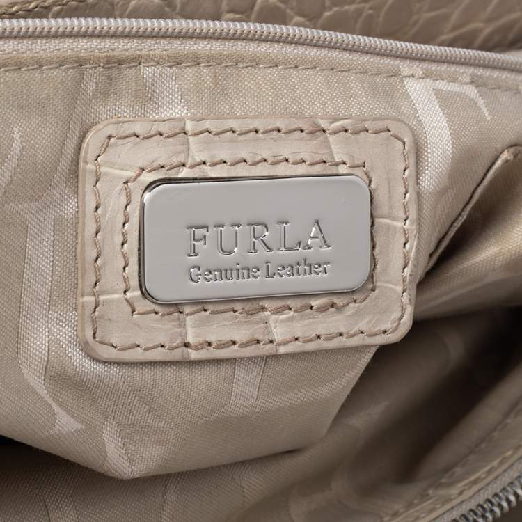 Pre Owned Furla Offwhite Croc Embossed Leather Martha Tote