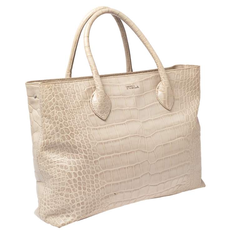 Pre Owned Furla Offwhite Croc Embossed Leather Martha Tote