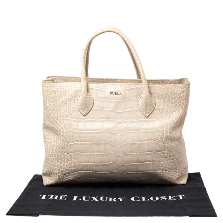 Pre Owned Furla Offwhite Croc Embossed Leather Martha Tote