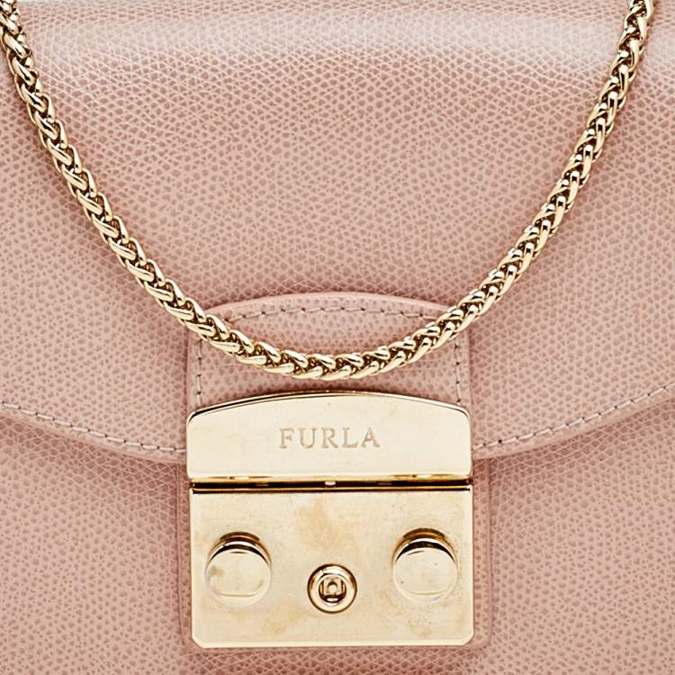 Pre Owned Furla Blush Pink Leather Mini Metropolis Chain Crossbody Bag