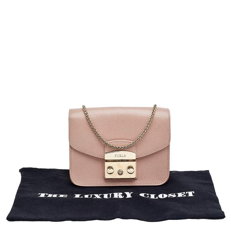 Pre Owned Furla Blush Pink Leather Mini Metropolis Chain Crossbody Bag