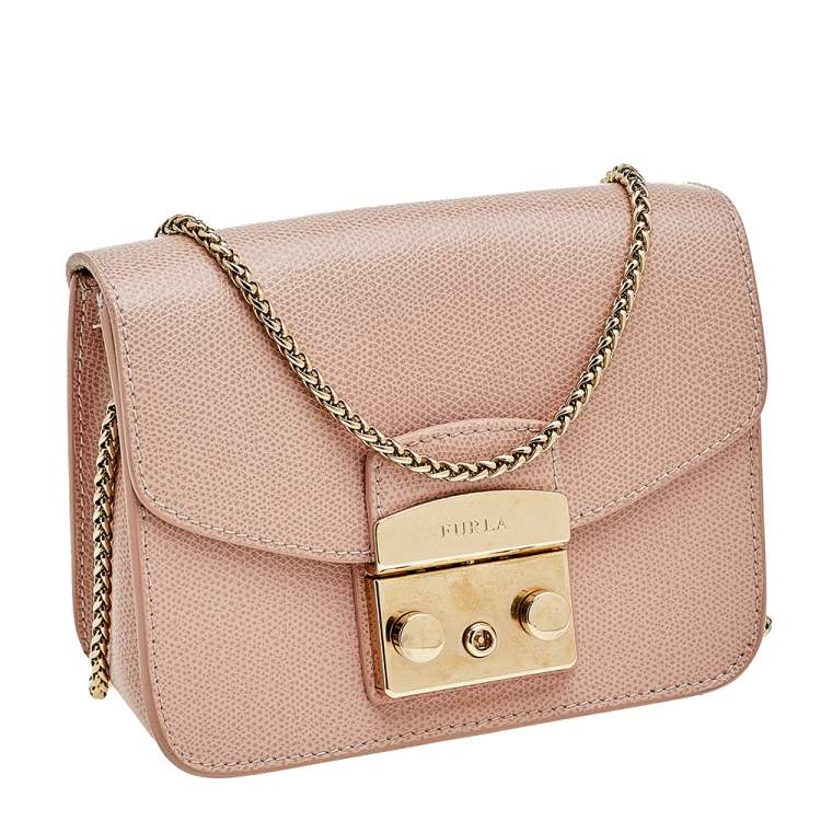 Pre Owned Furla Blush Pink Leather Mini Metropolis Chain Crossbody Bag