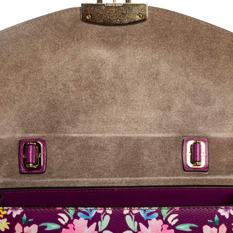 Pre Owned Furla Purple Bird and Floral Print Coated Canvas Metropolis Top Handle Bag