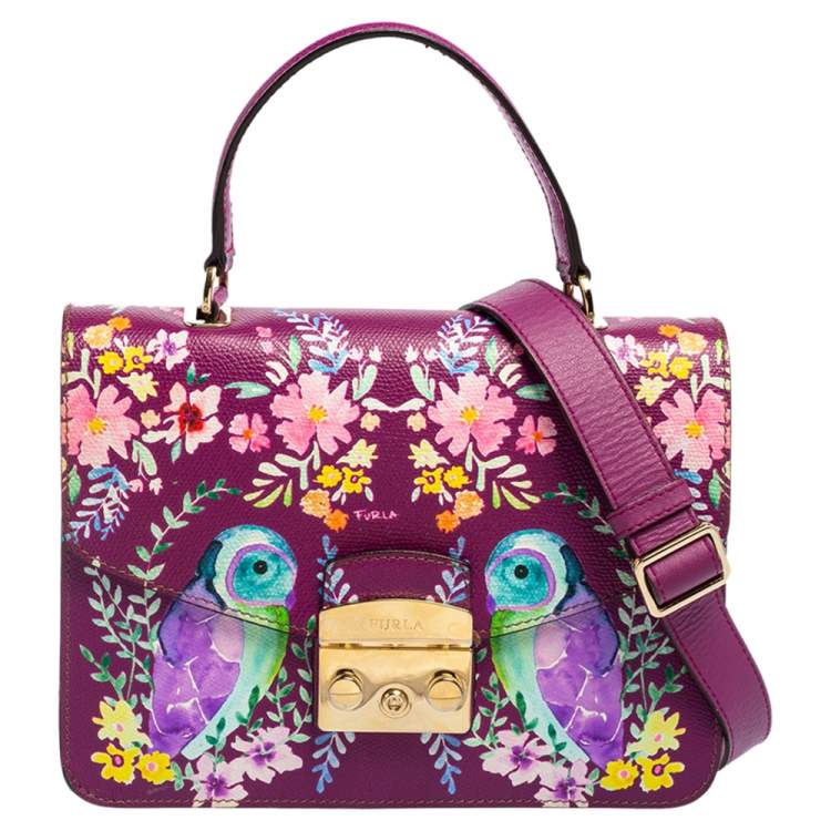 Furla Purple Bird and Floral Print Coated Canvas Metropolis Top Handle ...