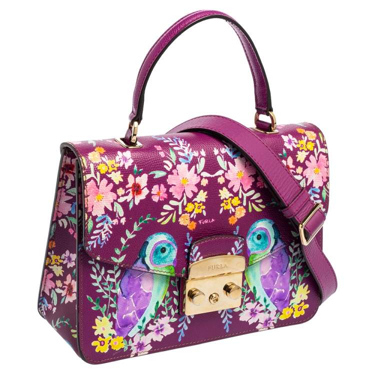 Pre Owned Furla Purple Bird and Floral Print Coated Canvas Metropolis Top Handle Bag