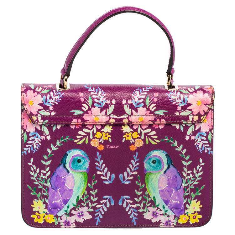 Pre Owned Furla Purple Bird and Floral Print Coated Canvas Metropolis Top Handle Bag
