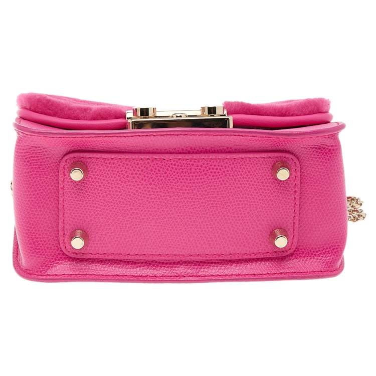 Pre Owned Furla Hot Pink Leather And Fur Mini Metropolis Crossbody Bag