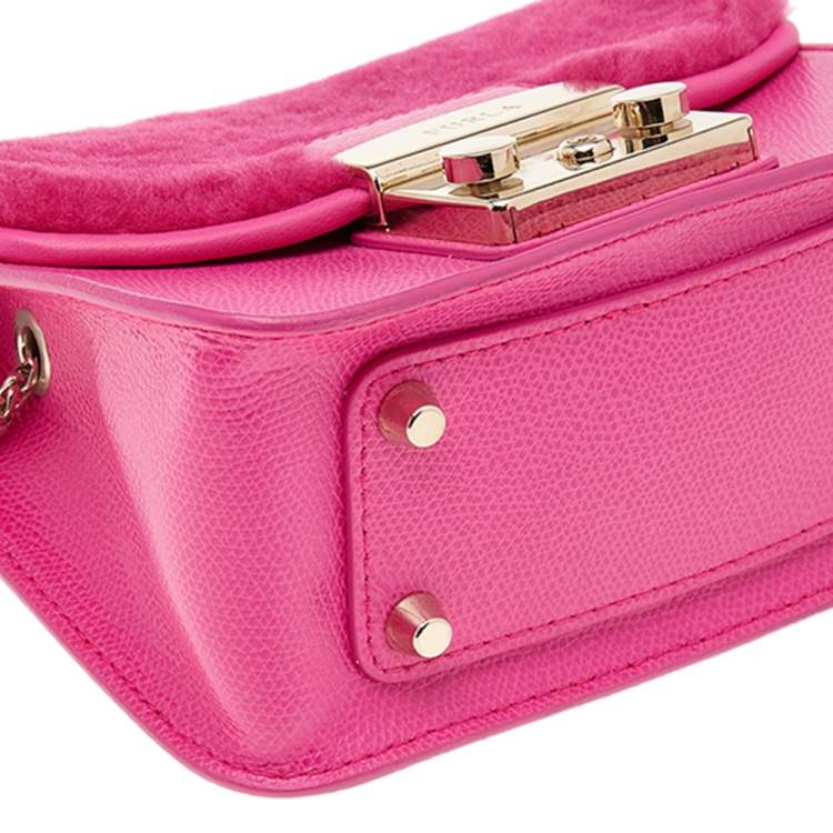 Pre Owned Furla Hot Pink Leather And Fur Mini Metropolis Crossbody Bag