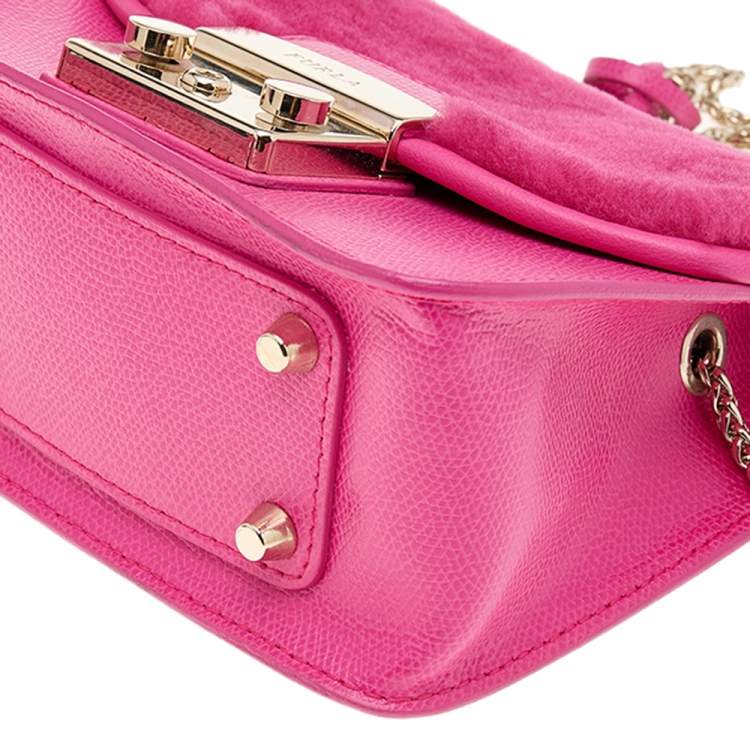 Pre Owned Furla Hot Pink Leather And Fur Mini Metropolis Crossbody Bag