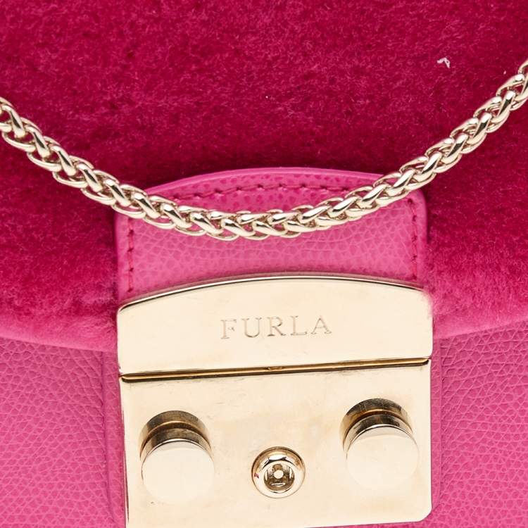 Pre Owned Furla Hot Pink Leather And Fur Mini Metropolis Crossbody Bag