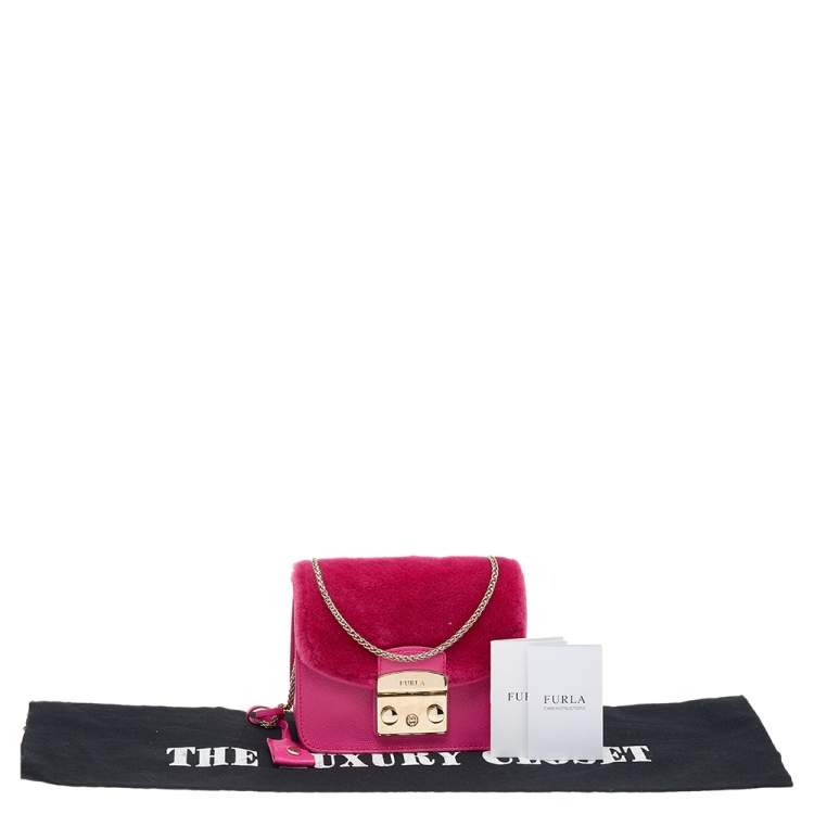 Pre Owned Furla Hot Pink Leather And Fur Mini Metropolis Crossbody Bag