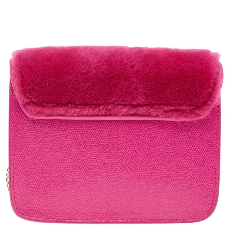 Pre Owned Furla Hot Pink Leather And Fur Mini Metropolis Crossbody Bag