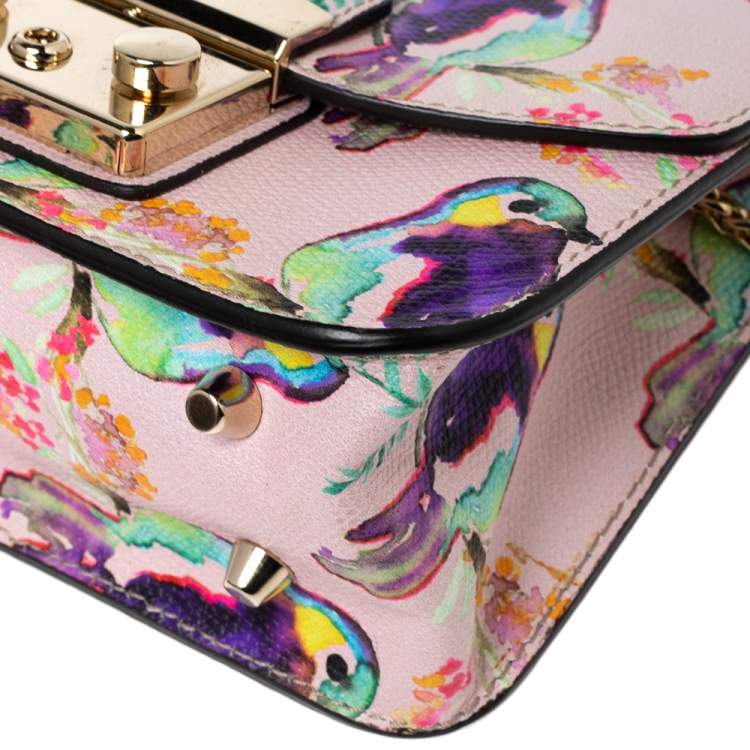 Pre Owned Furla Multicolor Bird Print Leather Mini Metropolis Chain Crossbody Bag