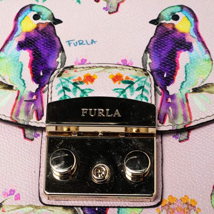 Pre Owned Furla Multicolor Bird Print Leather Mini Metropolis Chain Crossbody Bag