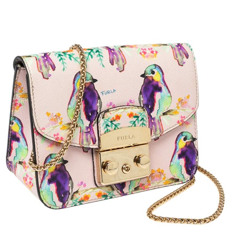 Pre Owned Furla Multicolor Bird Print Leather Mini Metropolis Chain Crossbody Bag