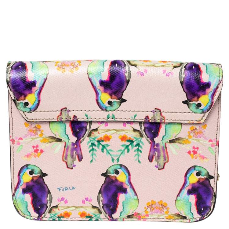 Pre Owned Furla Multicolor Bird Print Leather Mini Metropolis Chain Crossbody Bag