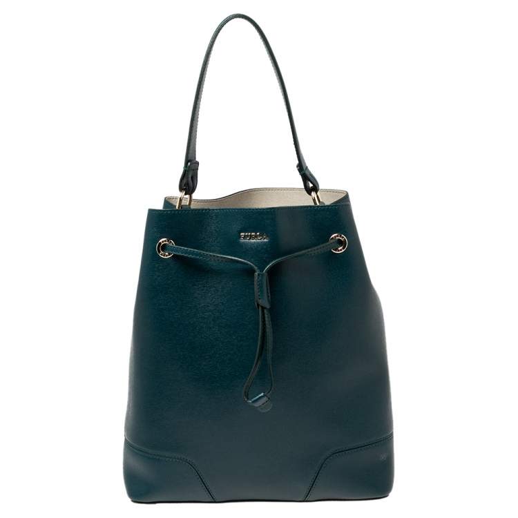 Pre Owned Furla Green Leather Drawstring Bucket Bag 
